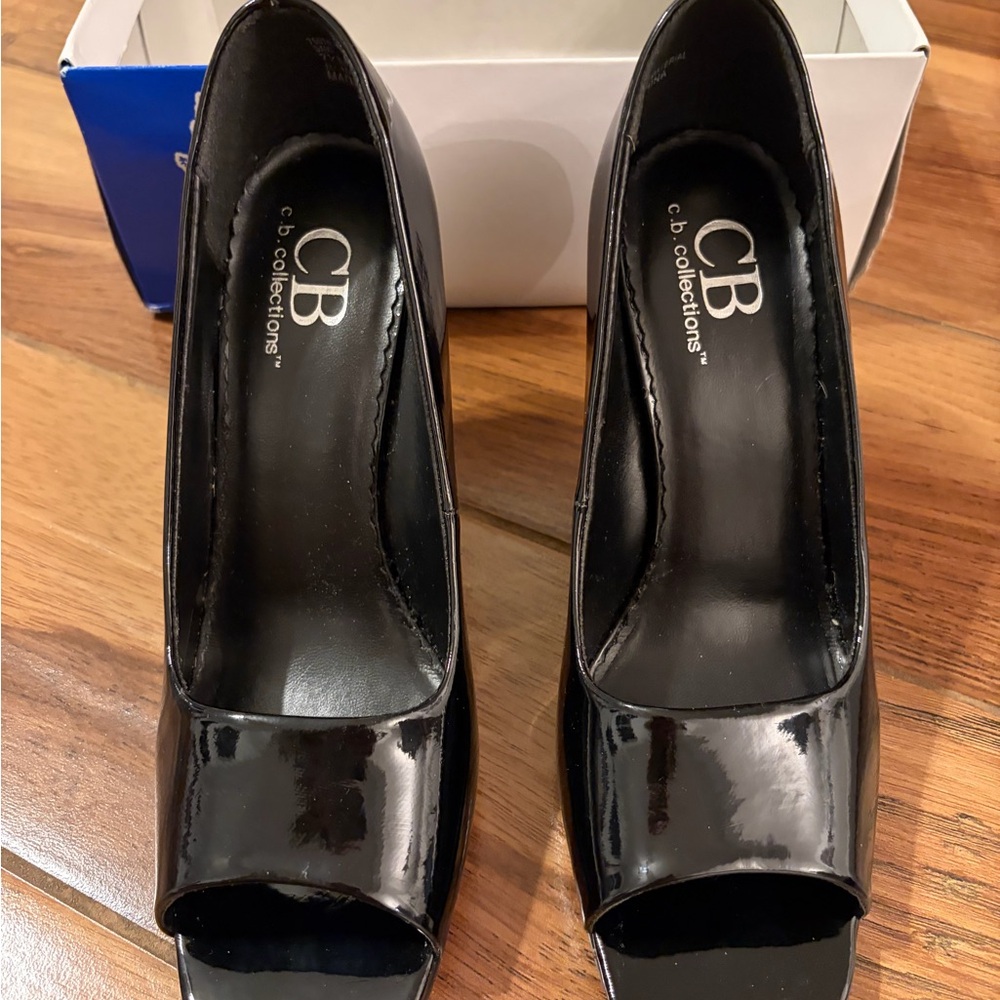 Black Patent Peep-Toe Heels